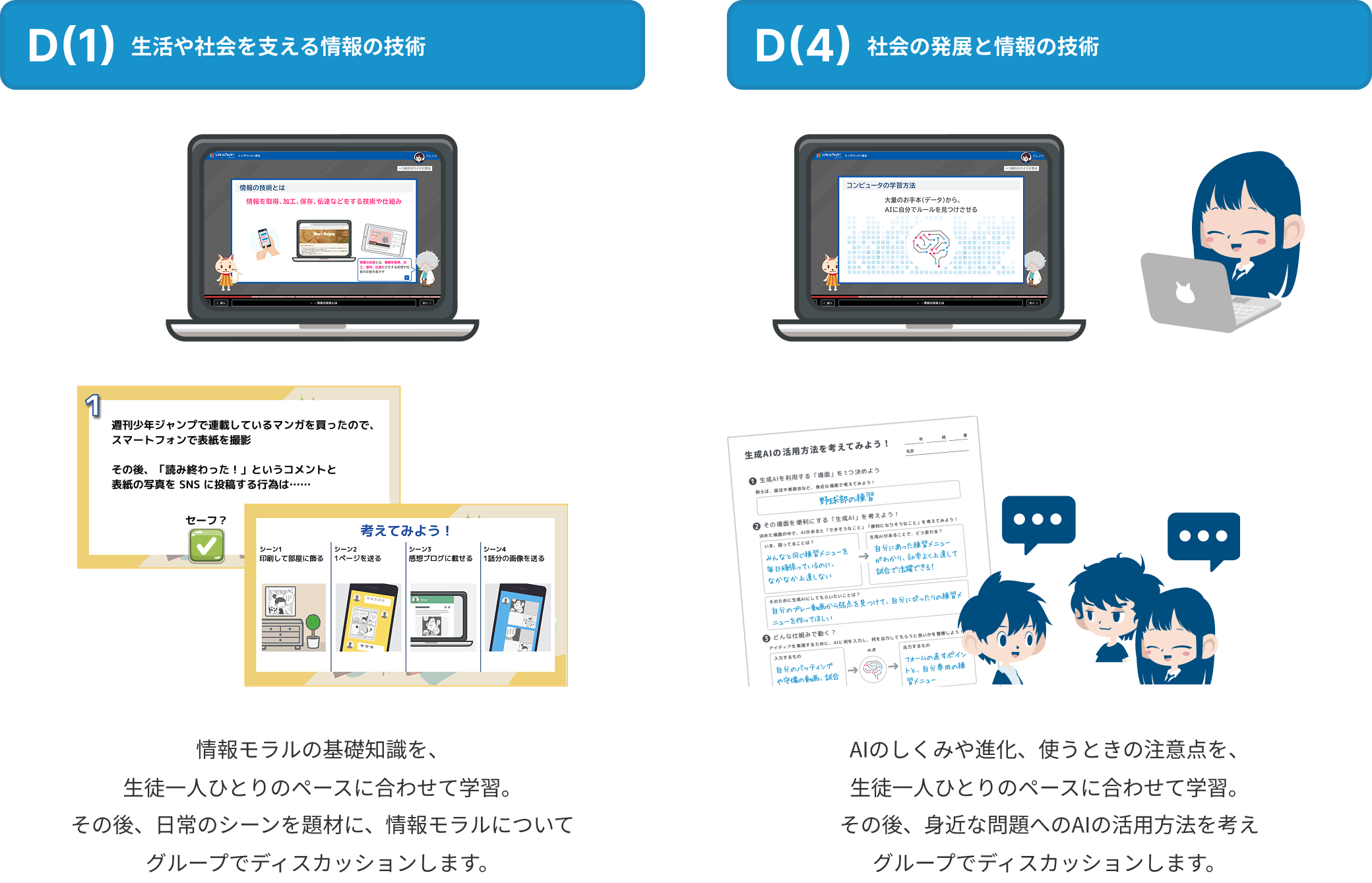 D(1) 生活や社会を支える情報の技術 - 情報モラルの学習とグループディスカッション D(4) 社会の発展と情報の技術 - AIの学習とグループディスカッション